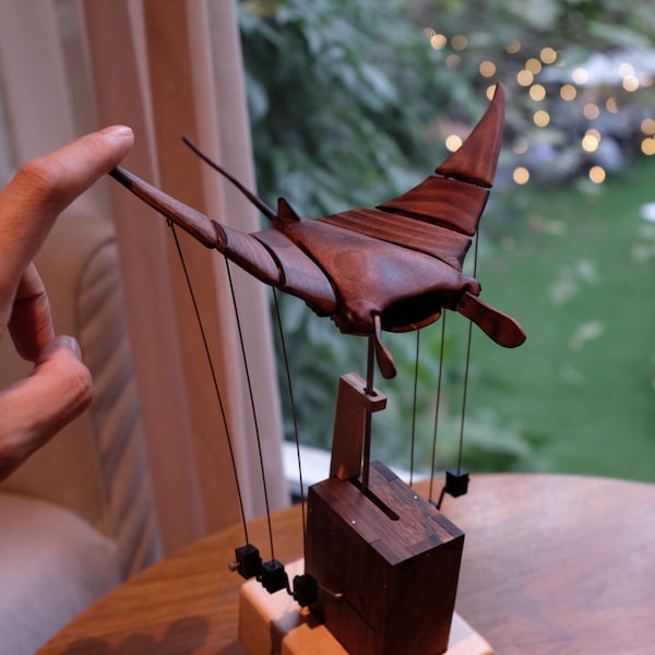 Walnut Tone Wooden Manta Ray Automata Handcrafted Kinetic Sculpture Custom Engraved Flying  Manta Stingray Mobula Ocean Art Desk Decor Gift