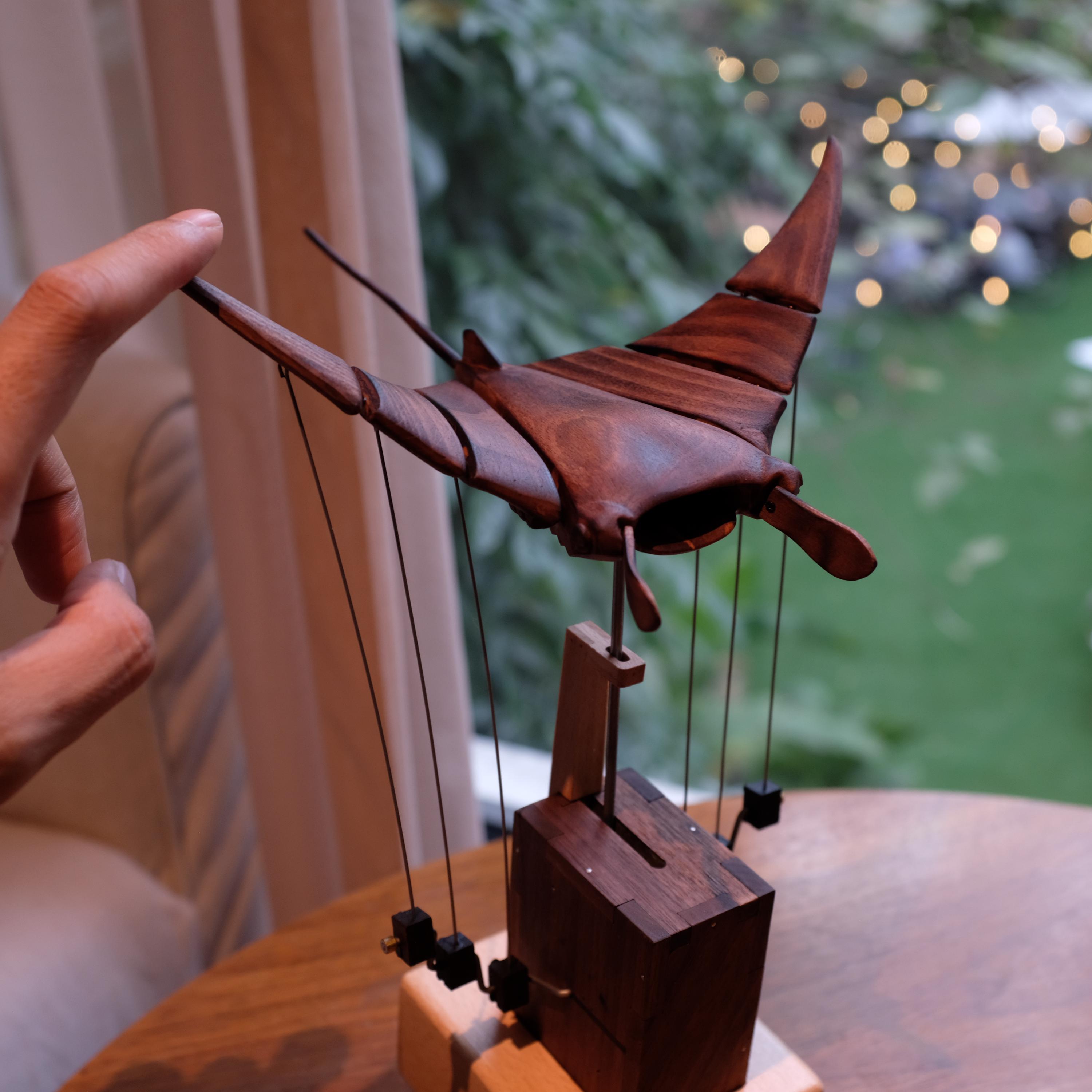 Walnut Tone Wooden Manta Ray Automata Handcrafted Kinetic