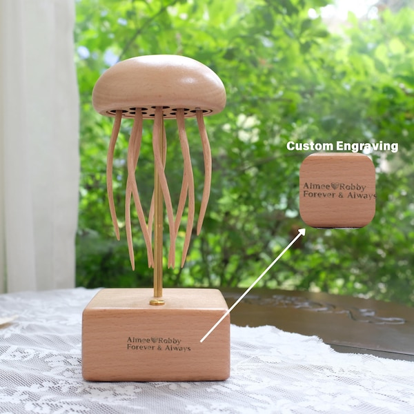 Beech Wood Jellyfish Automata | Handcrafted Kinetic Sculpture | Custom Engraved Wooden Gift | Ocean Home Decor | Mechanical Art Display