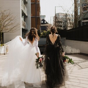 Wedding dress long sleeves lace and tulle skirt with a slit available. Feminine and comfortable image 5