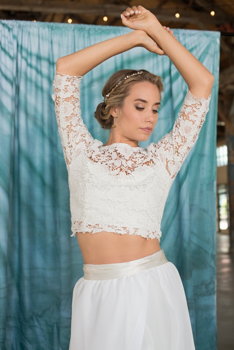 Bridal lace Topper with 3/4 sleeves, Cotton lace Crop top, Wedding dress top, lace topper bridal shrug, Bridal accessory image 1