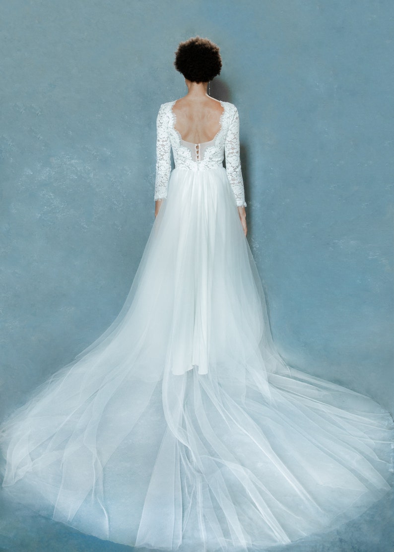 Wedding dress long sleeves lace and tulle skirt with a slit available. Feminine and comfortable image 3