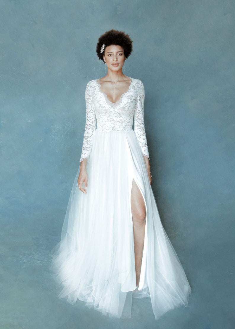 Wedding dress long sleeves lace and tulle skirt with a slit available. Feminine and comfortable image 1