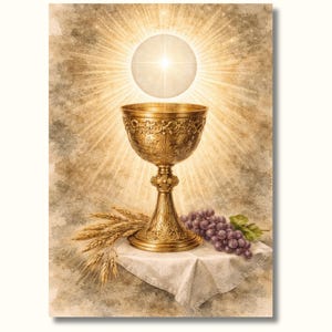 Puede incluir: Un cáliz dorado con detalles intrincados, espigas de trigo y un racimo de uvas sobre un paño blanco. Sobre el cáliz, una hostia radiante sobre un fondo sepia, simbolismo religioso.