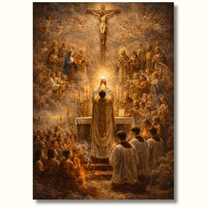 May include: A religious painting depicting a Catholic mass. The image features a priest holding a glowing host, with a crucifix above. Angels and figures are in the background, with warm, golden tones throughout the artwork.