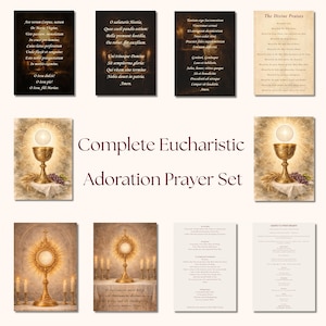 Op de afbeelding: Een complete Eucharistische Aanbiddingsgebedsset. De set bevat gebedskaarten met religieuze tekst en afbeeldingen, waaronder kelken, monstransen en gebeden in het Latijn. Het kleurenschema is warm met sepiatinten.