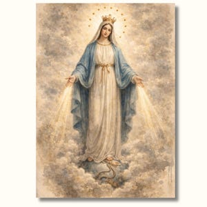 May include: Watercolour painting of a woman with a halo and crown, wearing a white dress and blue cloak, standing on clouds. Golden light emanates from her outstretched hands. The artwork has a religious theme.