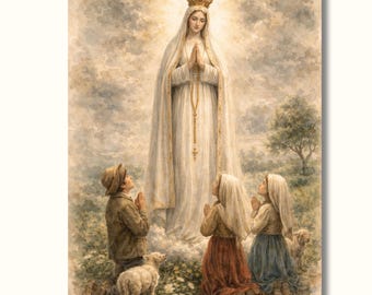 Può includere: Un dipinto religioso raffigura una donna in abito bianco e corona d'oro, circondata da una luce radiosa. Tre bambini inginocchiati in preghiera, con un agnello nelle vicinanze. L'opera ha una palette di colori pastello.