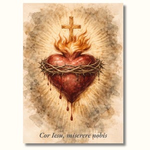 May include: Watercolor illustration of a Sacred Heart with a crown of thorns, flames, and a cross. The heart is red with blood droplets. The text "Cor Iesu, miserere nobis" is at the bottom. The background has a sepia tone.