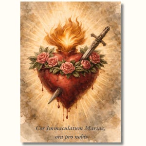 May include: A watercolor illustration of a Sacred Heart, a symbol of Christian faith. The heart is red, pierced by a sword, and surrounded by roses. Flames rise from the top. The text "Cor Immaculatum Mariae, ora pro nobis" is at the bottom.