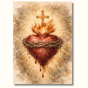 Könnte beinhalten: Aquarellmalerei eines Heiligen Herzens. Das rote Herz ist von einer Dornenkrone umgeben, mit Flammen, die von oben aufsteigen. Ein Holzkreuz befindet sich über dem Herzen, und Blut tropft von unten. Der Hintergrund ist hellbraun mit strahlendem Licht.