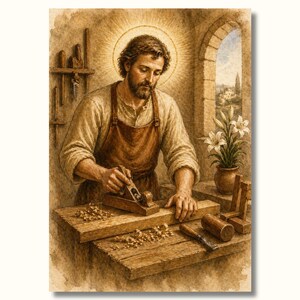 Può includere: Illustrazione ad acquerello di un falegname al lavoro. L'uomo, con un grembiule marrone, è concentrato a piallare una tavola di legno. Un'aureola circonda la sua testa. Una finestra rivela un paesaggio e un vaso di gigli bianchi.