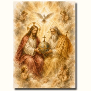 Puede incluir: Pintura a la acuarela que representa una escena religiosa con Jesús y Dios sosteniendo un globo, rodeados de ángeles y una paloma. La obra de arte presenta tonos cálidos de oro, rojo y marrón, con un halo alrededor de la cabeza de Jesús.
