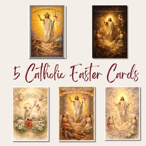 May include: Five Catholic Easter cards featuring religious imagery. The cards depict Jesus Christ, angels, and the Lamb of God. The text "Christus Resurrexit Alleluia" is visible on some cards. The cards are in a vertical format.