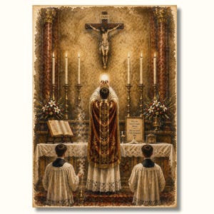 May include: A religious painting depicts a Catholic mass. A priest in ornate vestments holds a glowing host during the Eucharist. Candles, flowers, and a crucifix are visible. Two altar servers stand in the foreground.