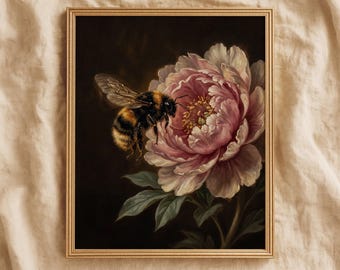 Hummel auf Pfingstrose Gemälde, Vintage Biene Druck, dunkle Blumenwandkunst, launische botanische digitale Download, rosa Blume druckbare Wandkunst