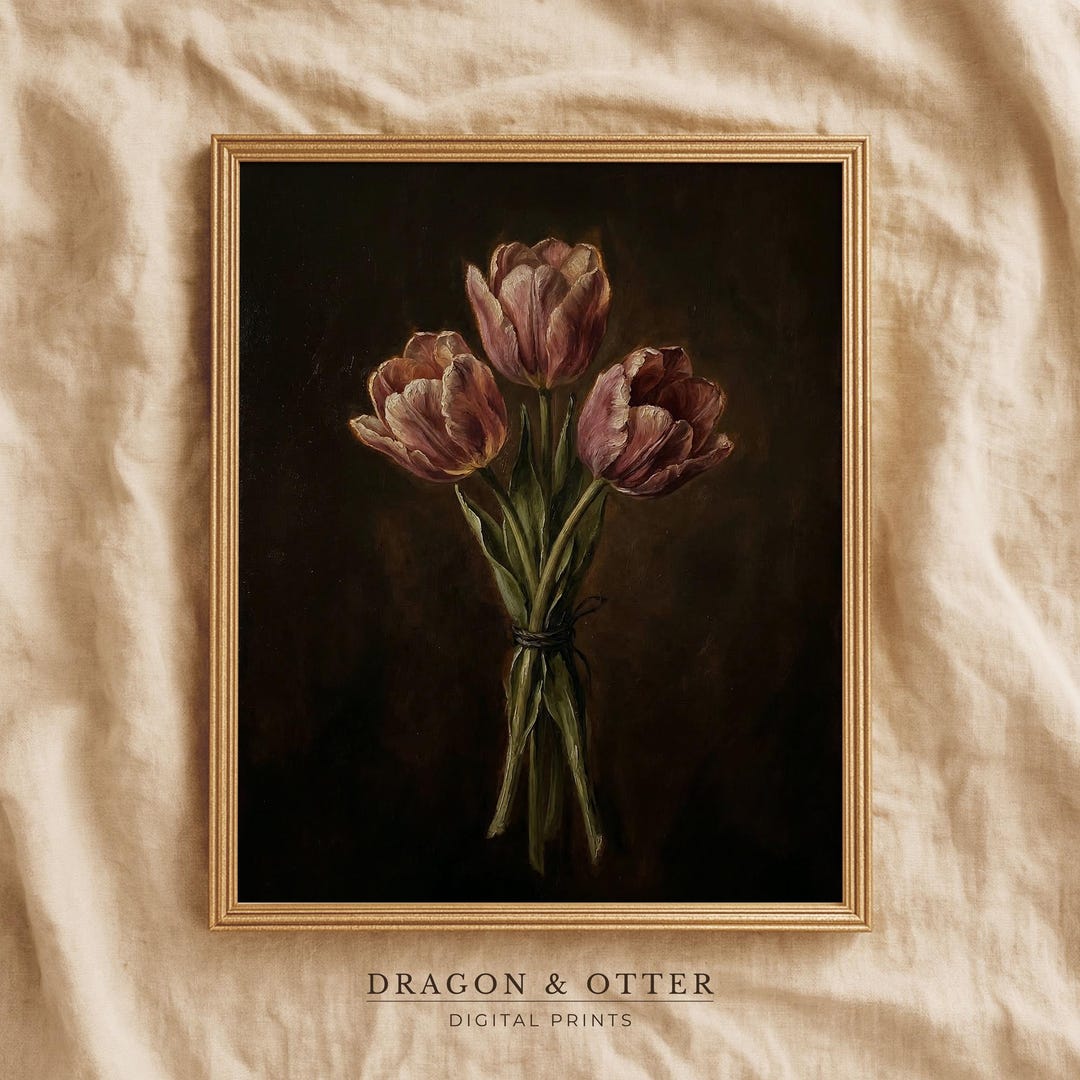 Dark Tulip Oil Painting Printable Wall Art | Moody Floral Digital ...