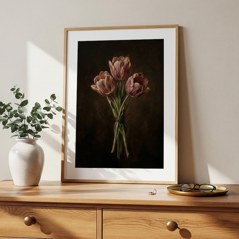 Dark Tulip Oil Painting Printable Wall Art | Moody Floral Digital ...