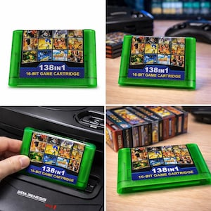 Op de afbeelding: Groene 16-bit gamecartridge met de tekst "138 in 1". De cartridge heeft een collage van game-afbeeldingen en tekst. Er worden meerdere cartridges getoond, sommige in de buurt van een Sega Genesis console.