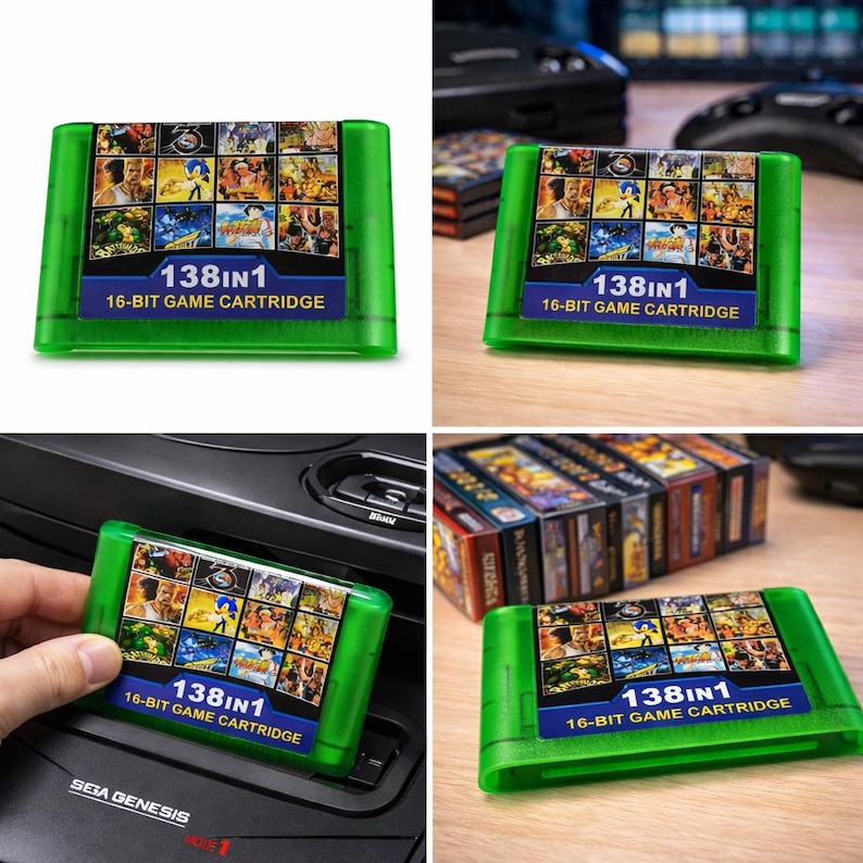 Op de afbeelding: Groene 16-bit gamecartridge met de tekst "138 in 1". De cartridge heeft een collage van game-afbeeldingen en tekst. Er worden meerdere cartridges getoond, sommige in de buurt van een Sega Genesis console.