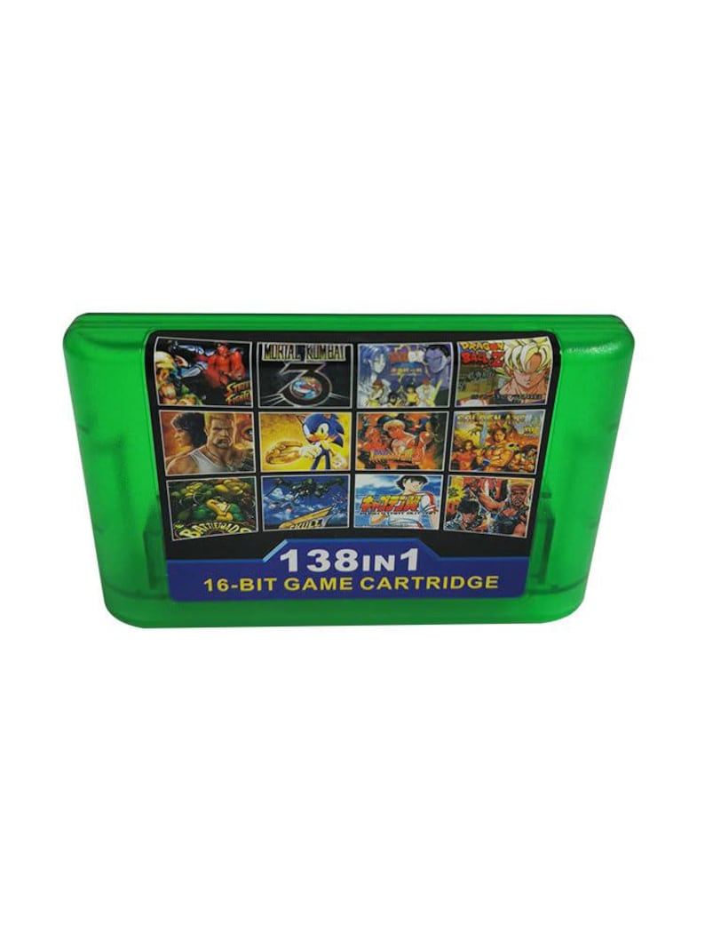 Op de afbeelding: Een groene 16-bit game cartridge met een doorzichtige plastic behuizing. De cartridge heeft een label met game screenshots en de tekst "138 in 1". Het label bevat de tekst "16-BIT GAME CARTRIDGE".