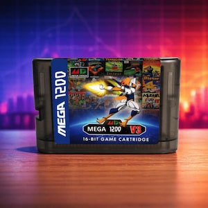 May include: A black Mega 1200 V3 16-bit game cartridge. The label features a futuristic character with a weapon, surrounded by game titles. The cartridge is on a wooden surface with a blurred, colorful background.