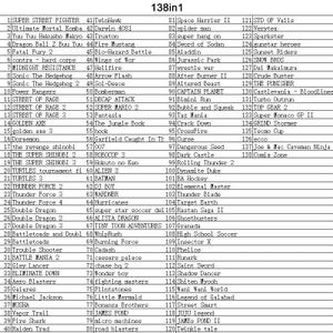 Op de afbeelding: Een lijst met 138 videogames, waaronder titels als "Super Street Fighter", "Sonic The Hedgehog" en "Double Dragon". De tekst is gerangschikt in een rasterformaat, waarbij elke speltitel met een nummer wordt vermeld.