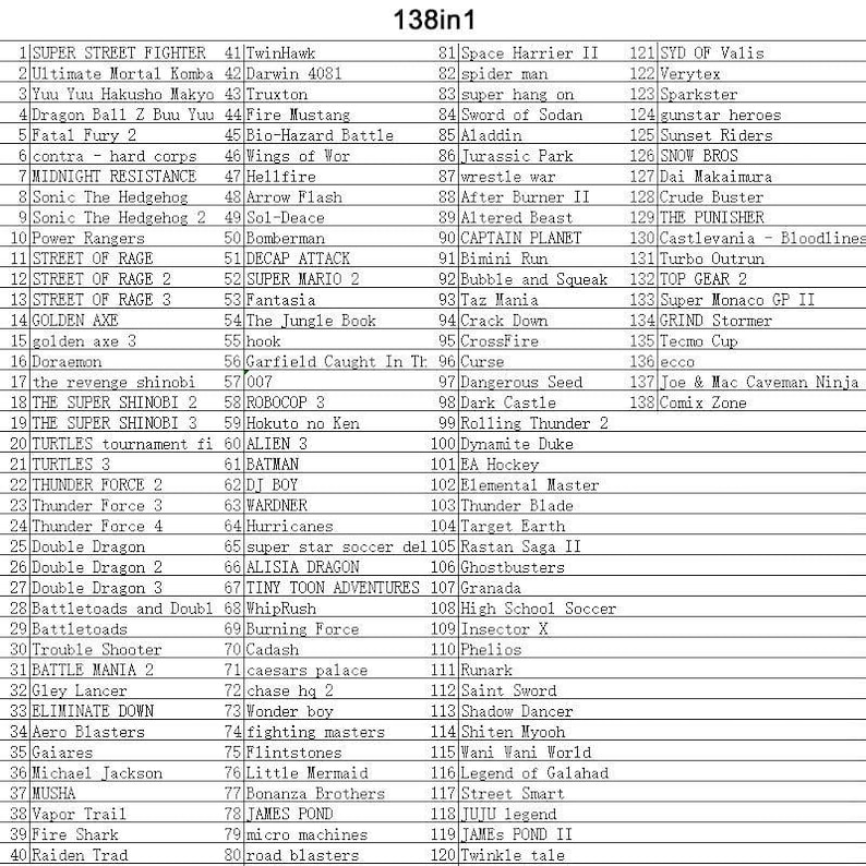 Op de afbeelding: Een lijst met 138 videogames, waaronder titels als "Super Street Fighter", "Sonic The Hedgehog" en "Double Dragon". De tekst is gerangschikt in een rasterformaat, waarbij elke speltitel met een nummer wordt vermeld.