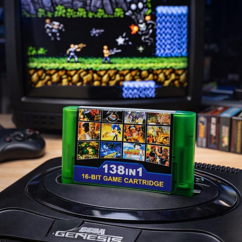 Op de afbeelding: Een groene 16-bit game cartridge met het label "138 in 1" is in een zwarte Sega Genesis console geplaatst. De cartridge toont verschillende game covers. Een retro tv-scherm op de achtergrond toont een klassieke videogame sc&egrave;ne. Een zwarte controller is zichtbaar.