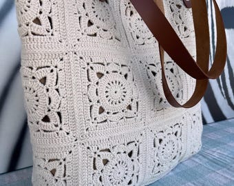 Beige Handmade Crochet Granny Square Tote Bag