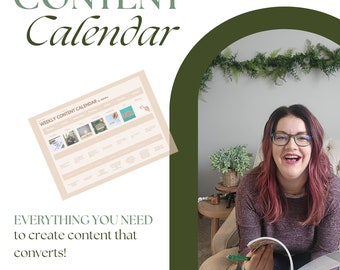 May include: A woman smiles while holding a content calendar with the text "Weekly Content Calendar" and the words "Content Calendar" in large text at the top of the image.