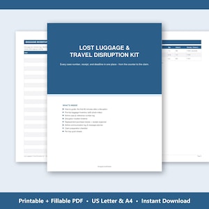 May include: A Lost Luggage & Travel Disruption Kit document featuring a blue header with white text. The page lists contents including a baggage inventory, incident timeline, replacement purchase tracker, and claim preparation checklist.