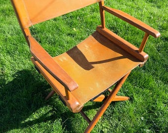Vintage Telescope Campaign Chair – Mid Century Folding Safari Chair, Original Leather Sling