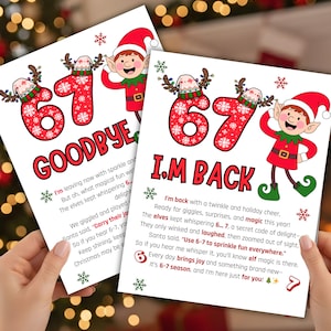 Puede incluir: Dos tarjetas navideñas con ilustraciones de elfos y el texto "67 Goodbye" y "I.M BACK". Las tarjetas presentan números rojos con patrones de copos de nieve, personajes de elfos y texto festivo. Las tarjetas son sostenidas por una persona.