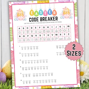Peut inclure: Une feuille d'activité blanche sur le thème de Pâques avec les mots "Easter Code Breaker" et une clé de code. La feuille comprend une série d'énigmes avec des espaces à remplir. Les mots "2 Sizes" sont dans un éclaté rose.