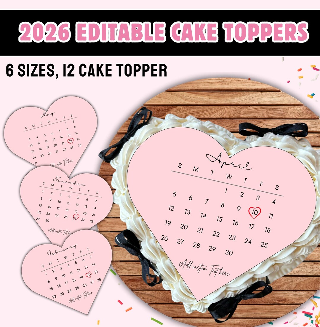 Generic Calendar Topper 2026 Custom Pink Calendar Heart Cake Toppers, Burn Away Cake Topper ...
