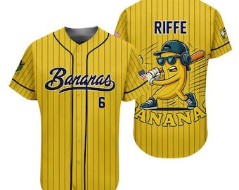 Camiseta de béisbol personalizada del equipo Bananas, divertida, con el nombre y número del equipo, regalo para un fan de Savannah.