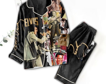 Elvis Presley pyjamasset, rock n roll-nattkläder från 1950-talet, retro musikälskare-present till henne, rosa vintage vinylskiva-pyjamas