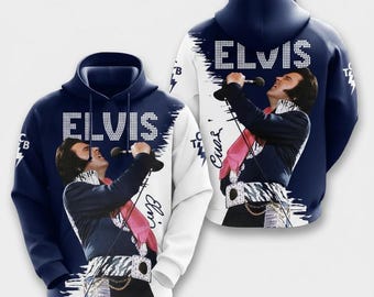 Sudadera con capucha de Elvis Presley, sudadera bicolor de rock and roll, prenda tributo al rey del rock, sudadera con capucha gráfica vintage de Elvis, regalo para leyendas de la música.