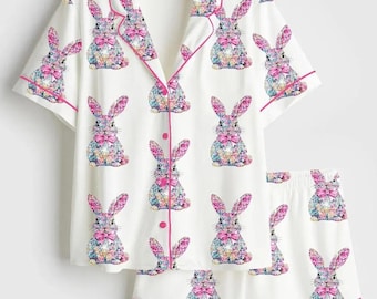 Women’s Sparkly Dazzle Bunny Coquette Spring Easter Short Sleeve Satin Pajama Set