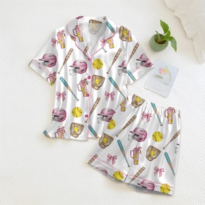 Softbollpyjamasset för kvinnor, rosa softbollsovkläder, söta basebollpyjamasar, softbollpresent till flickor, sommarpyjamasset med knappar, sportälskare bild 1