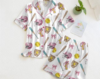 Conjunto de pijama de softbol para mujer, pijama rosa de softbol, lindo pijama de béisbol, regalo de softbol para niñas, conjunto de pijama de verano con botones, para amantes del deporte
