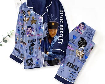 Elvis Presley pyjamasset, rock n roll-nattkläder från 1950-talet, retro musikälskare-present till henne, rosa vintage vinylskiva-pyjamas