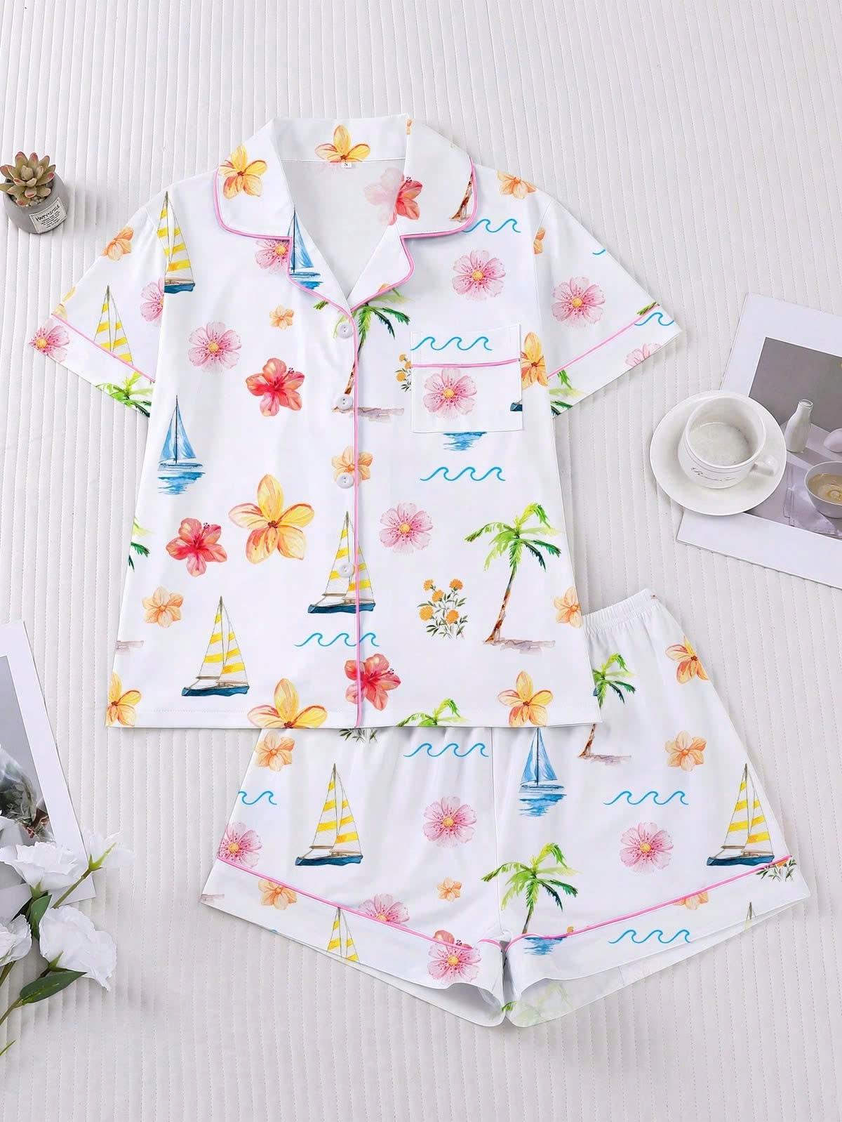 Tropical Summer Satin Pajama Set Nautical Sailboat Hibiscus Print Sleepwear Short Sleeve Silk PJS for Women Beach Vacation Loungewear Gift
