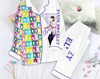 Satin Pyjama Set Retro Musik Stil, Elvis Inspirierte Seiden Nachtwäsche, Luxuriöse Weiche Satin PJ Set, Bunte Vintage Loungewear, Geschenk für Musik