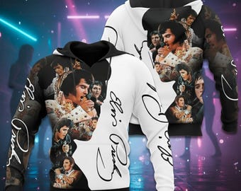 Elvis Presley 3D All Over Print Hoodie, King of Rock n Roll Tribute Shirt, ästhetischer Rockstar Streetwear, Vintage Elvis Fan Geschenk