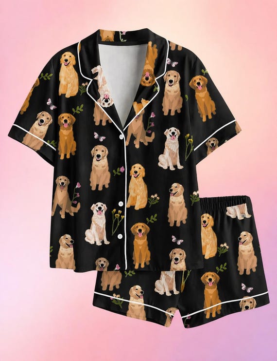 Black Dog Print Pajama Set Women, Cute Golden Retriever Sleepwear, Satin Button Up Pajamas, Aesthetic Loungewear Cozy Nightwear Gift for Her
