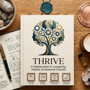 May include: A hardcover book titled THRIVE: A Masterclass in Longevity, Habits, & Personal Growth. The cover features a tree illustration with human profiles and gears. Below the title are four square icons labeled Mindful Living, Holistic Vitality, Balanced Daily Practices, and Life-Long Progress.