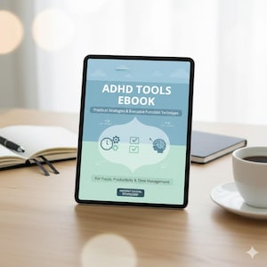 May include: A digital tablet displays an ebook titled "ADHD TOOLS EBOOK." The screen features a light blue and white design with icons and the text "Practical Strategies & Executive Function Techniques." A coffee cup and notebook are also visible.