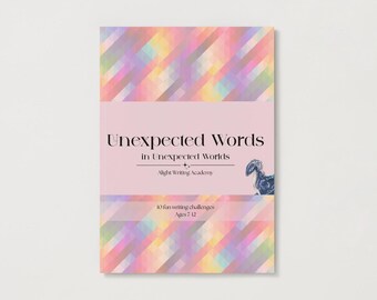 May include: A book cover with the title "Unexpected Words in Unexpected Worlds" in a serif font. The cover has a pastel geometric pattern at the top and bottom, with a pink band in the middle. A drawing of a horse is on the right side.
